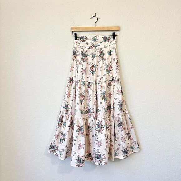 Anna Mason Dresses & Skirts - ANNA MASON Maxi Skirt Beige Floral Tiered Flare Cotton Peasant Fairy